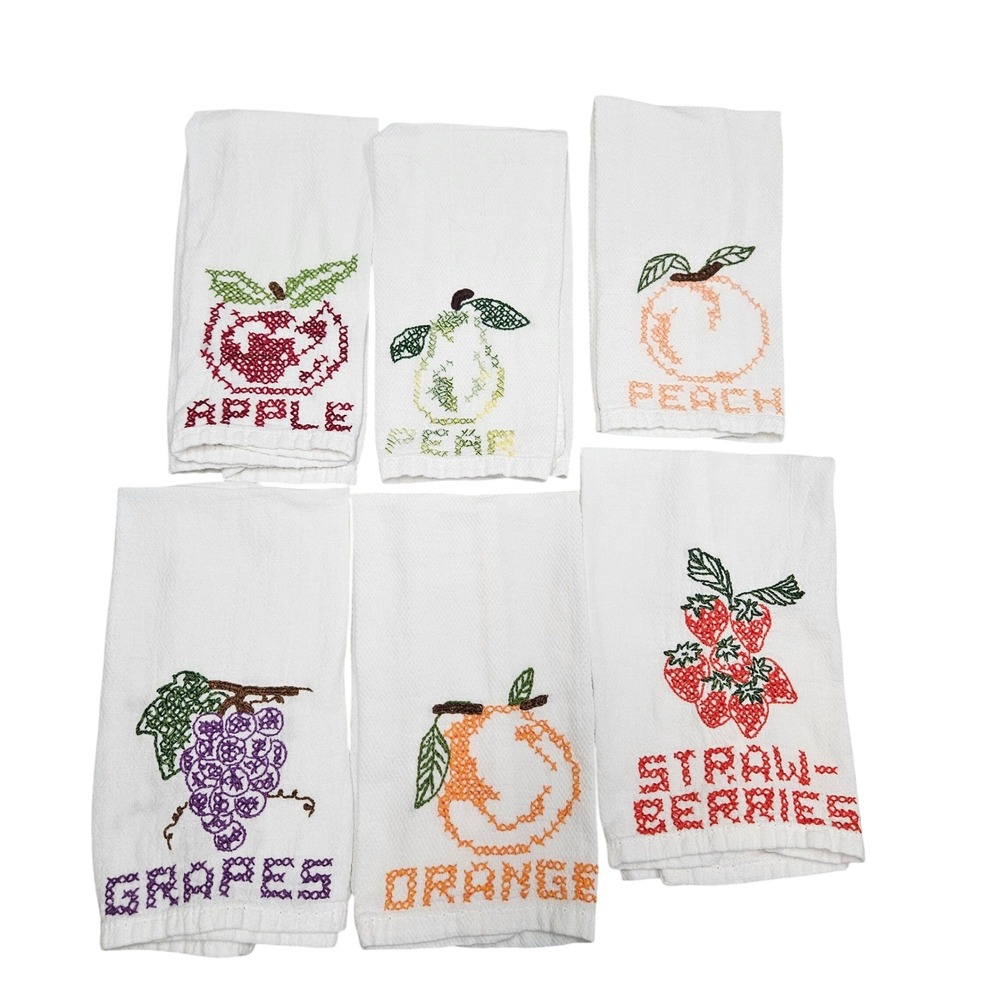 Handmade Kitchen Towels Set of 6 White Fruit Cross Stitch Farmhouse Cottagecore
